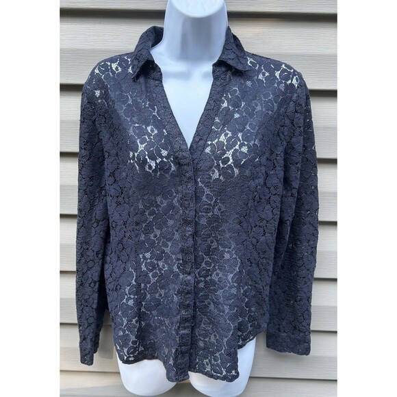Y2K Cache Navy Lace Top Vtg Medium Sheer Button Up Whimsigoth Vamp Victorian - Picture 1 of 5